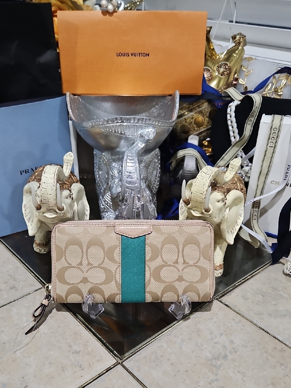 Coach Signature "C" Stripe Accordion Zip Wallet In Teal & Khaki GUC!